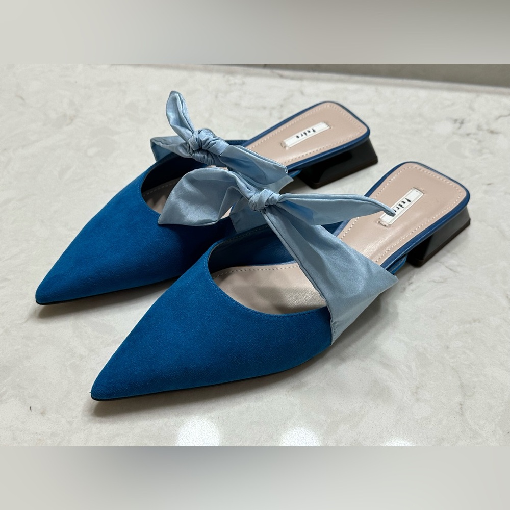 Chic Blue Mules with Light Blue Bow Accent, size 39